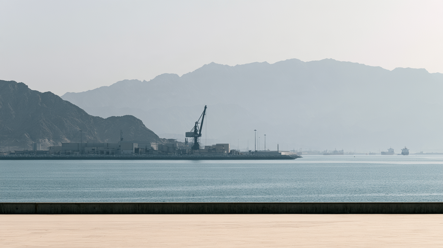 Port crane on the coast with mountains behind