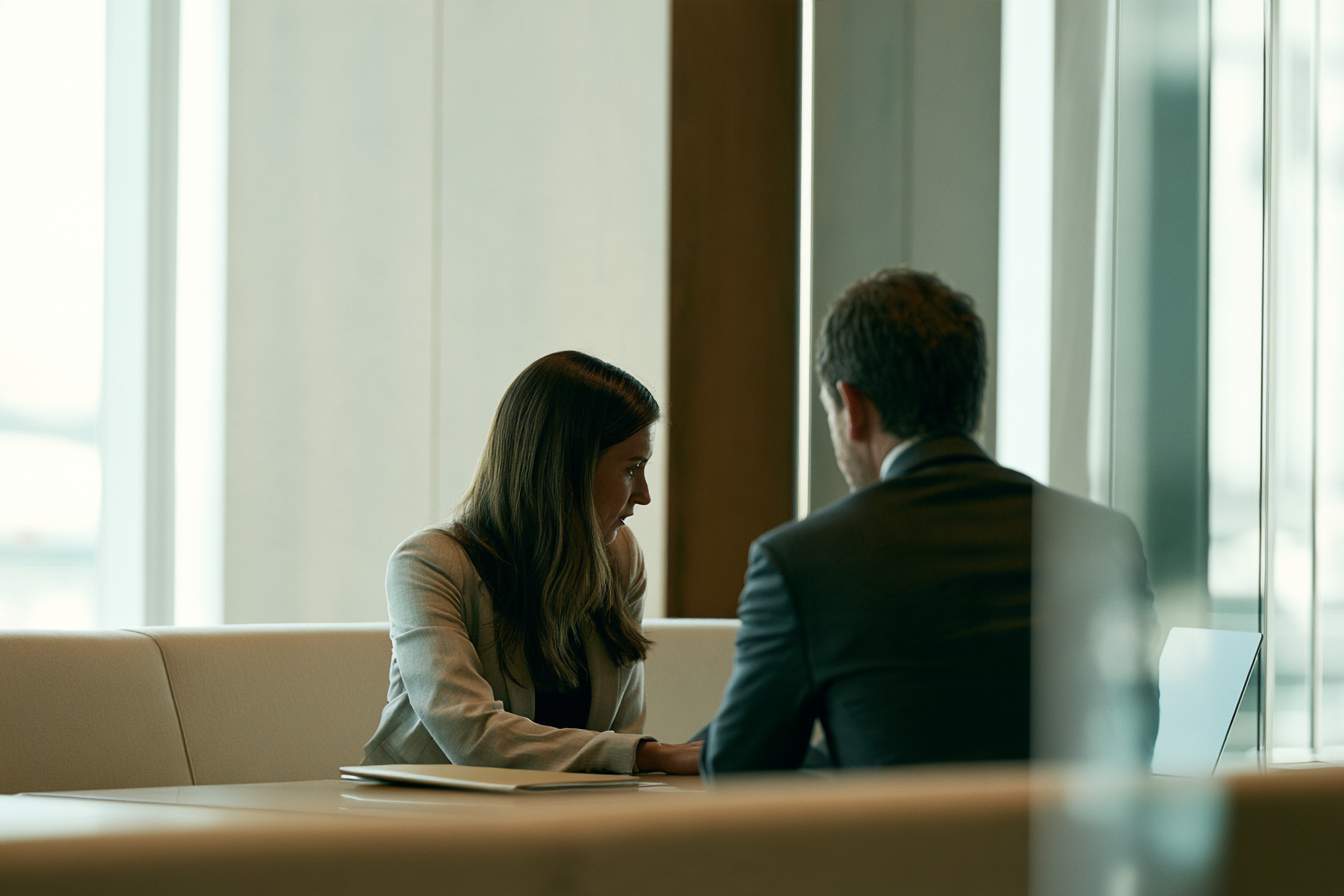 Couple talking at a table beside a window in a UAE home setting