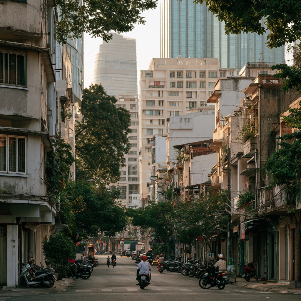 Tree-lined street with office towers in Ho Chi Minh City