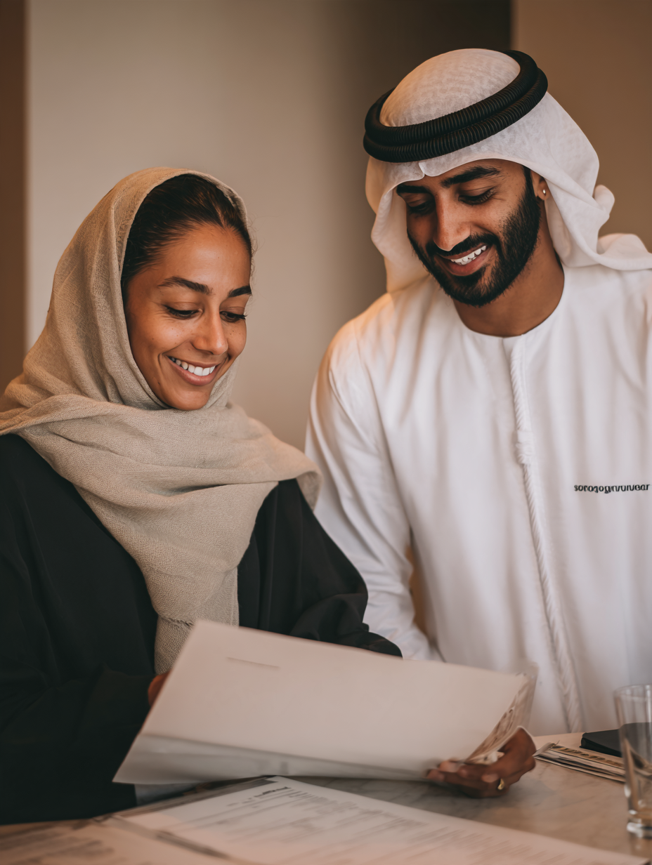Two business partners reviewing an agreement together