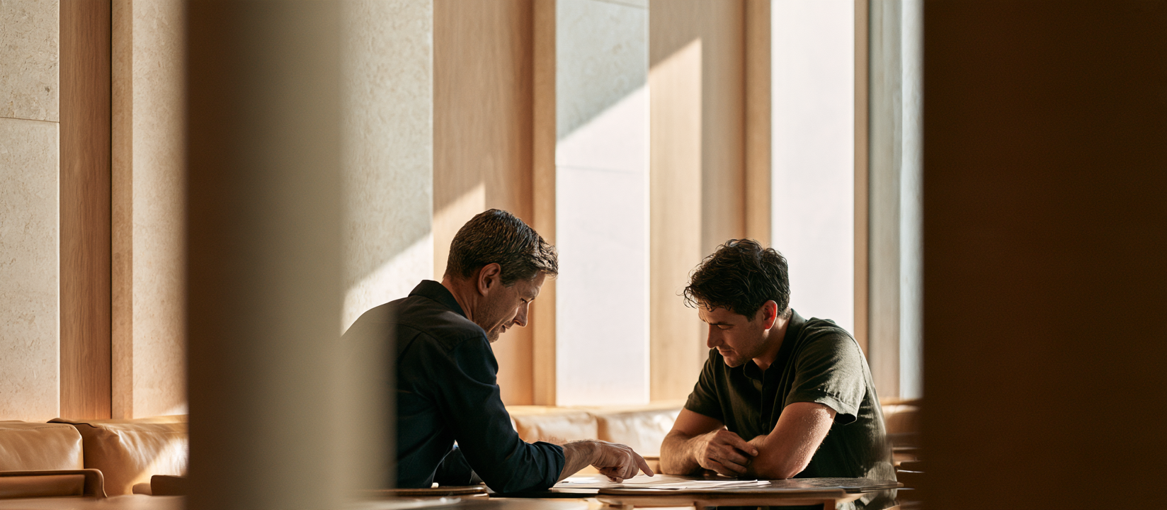 Two people discussing plans together at a sunlit table