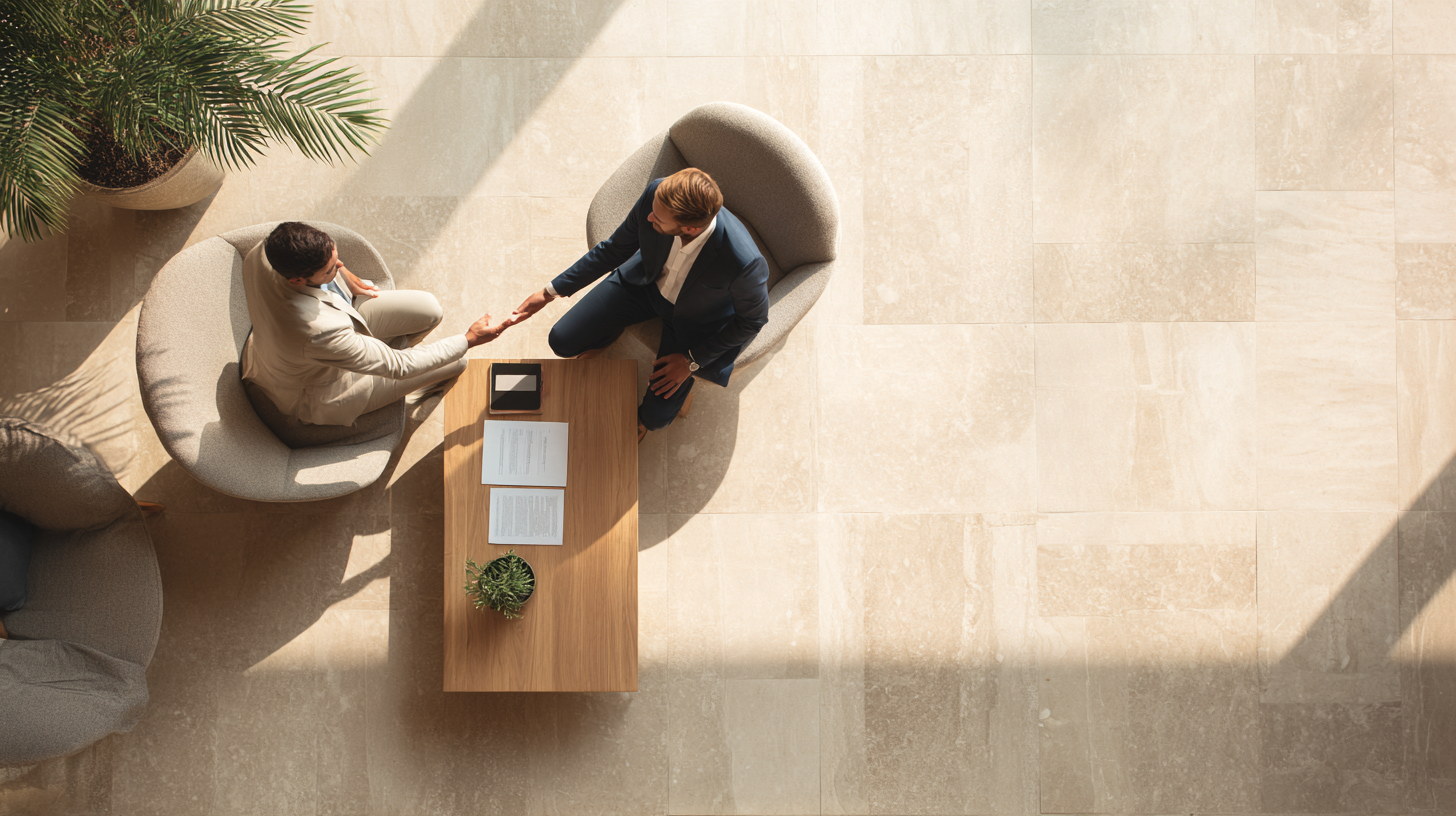 Two people going through an agreement, seen from above