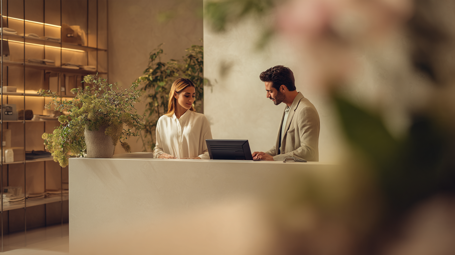 A client being walked through details across a front desk