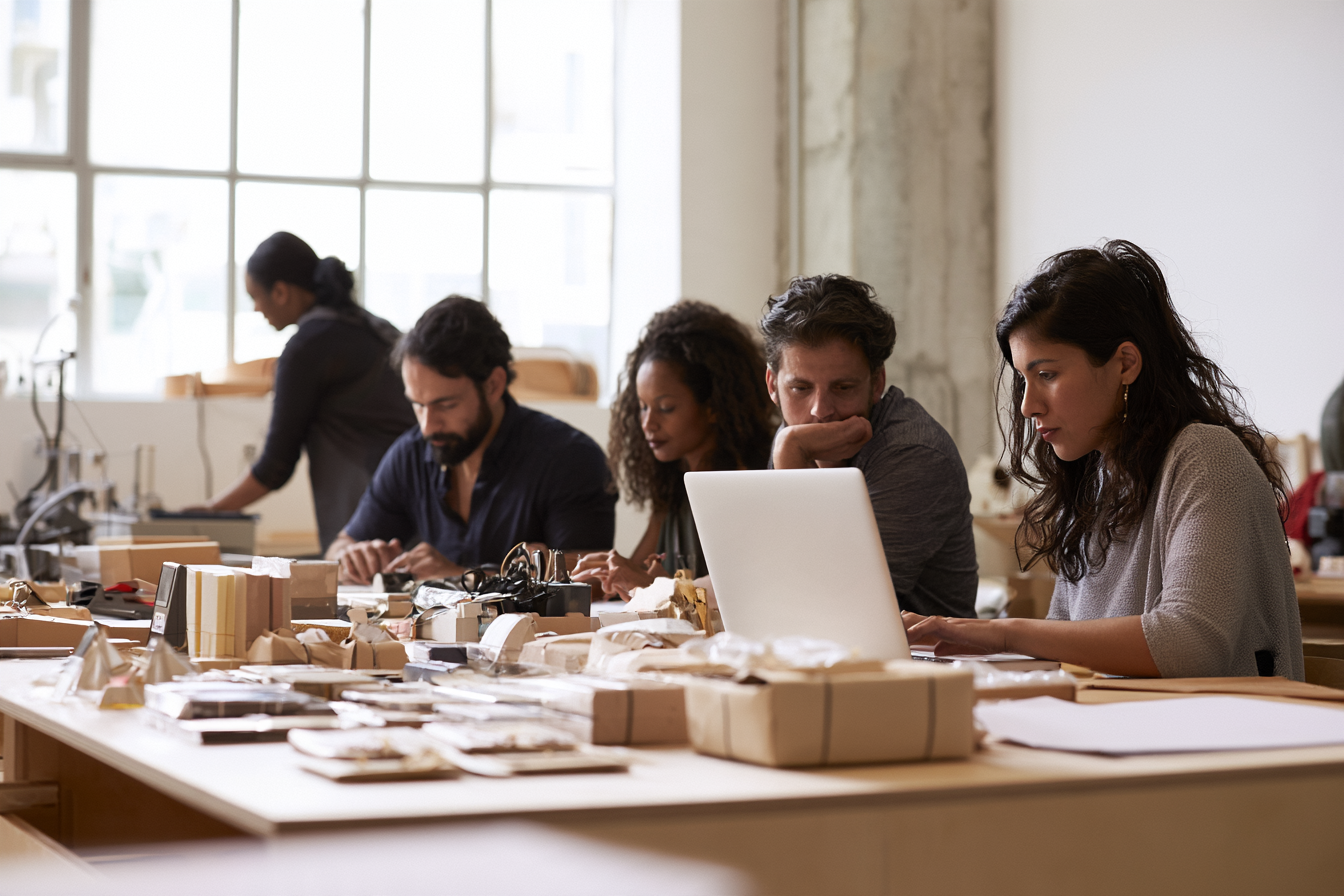 A workshop team preparing goods at a long bench