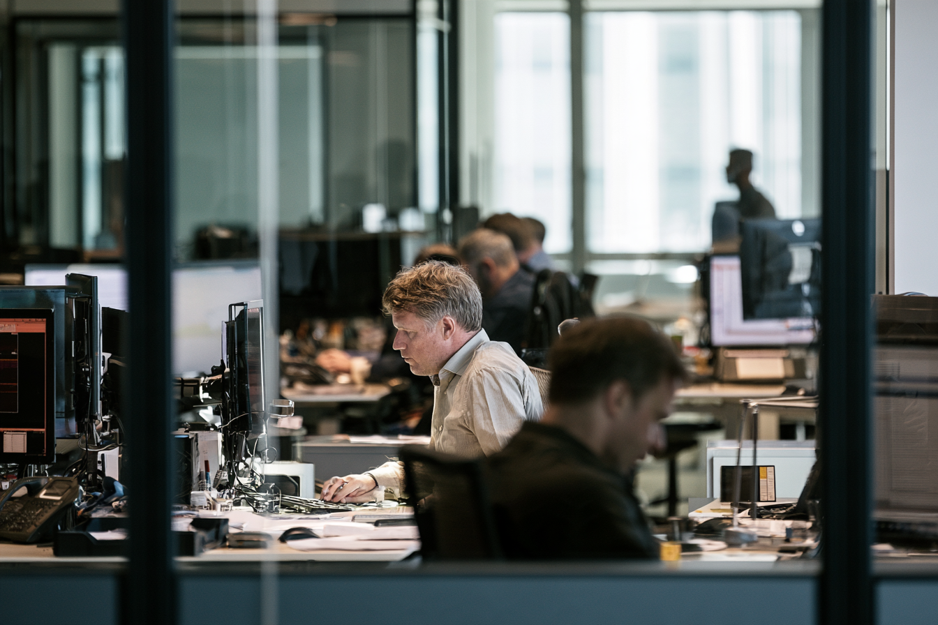 A team monitoring work on screen in an operations office