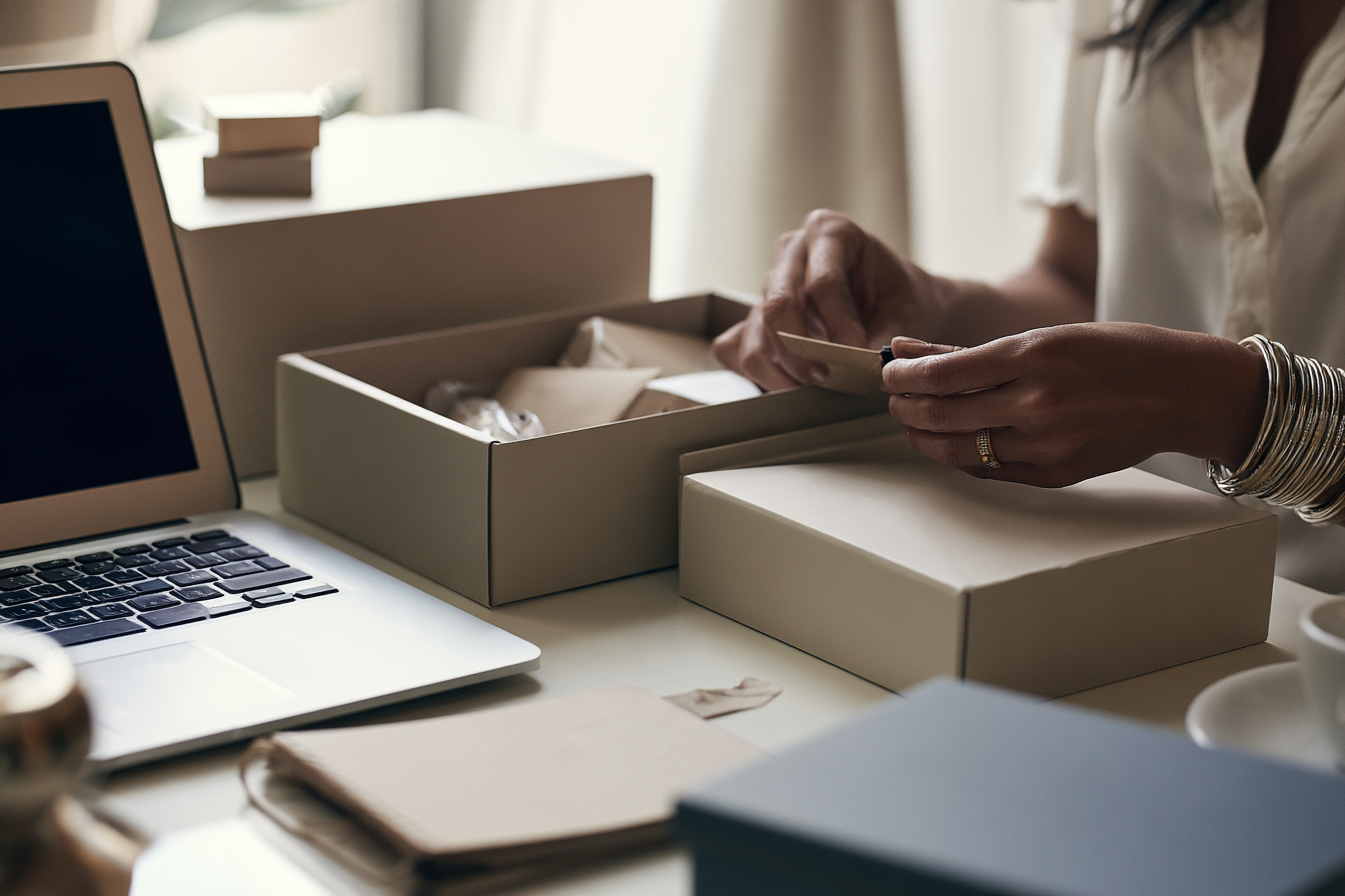 Hands packing product orders at a workbench beside a laptop