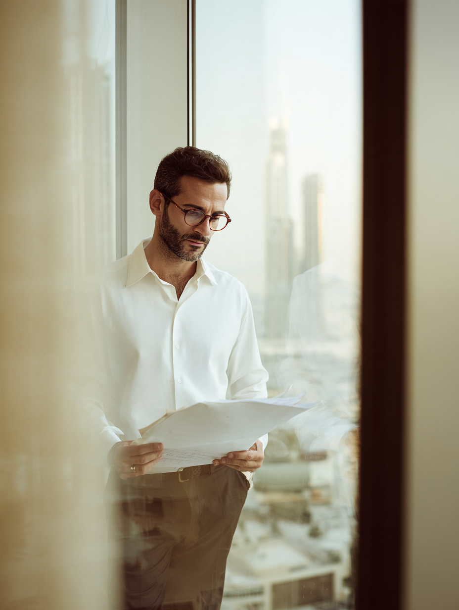 A professional reviewing financial papers by an office window