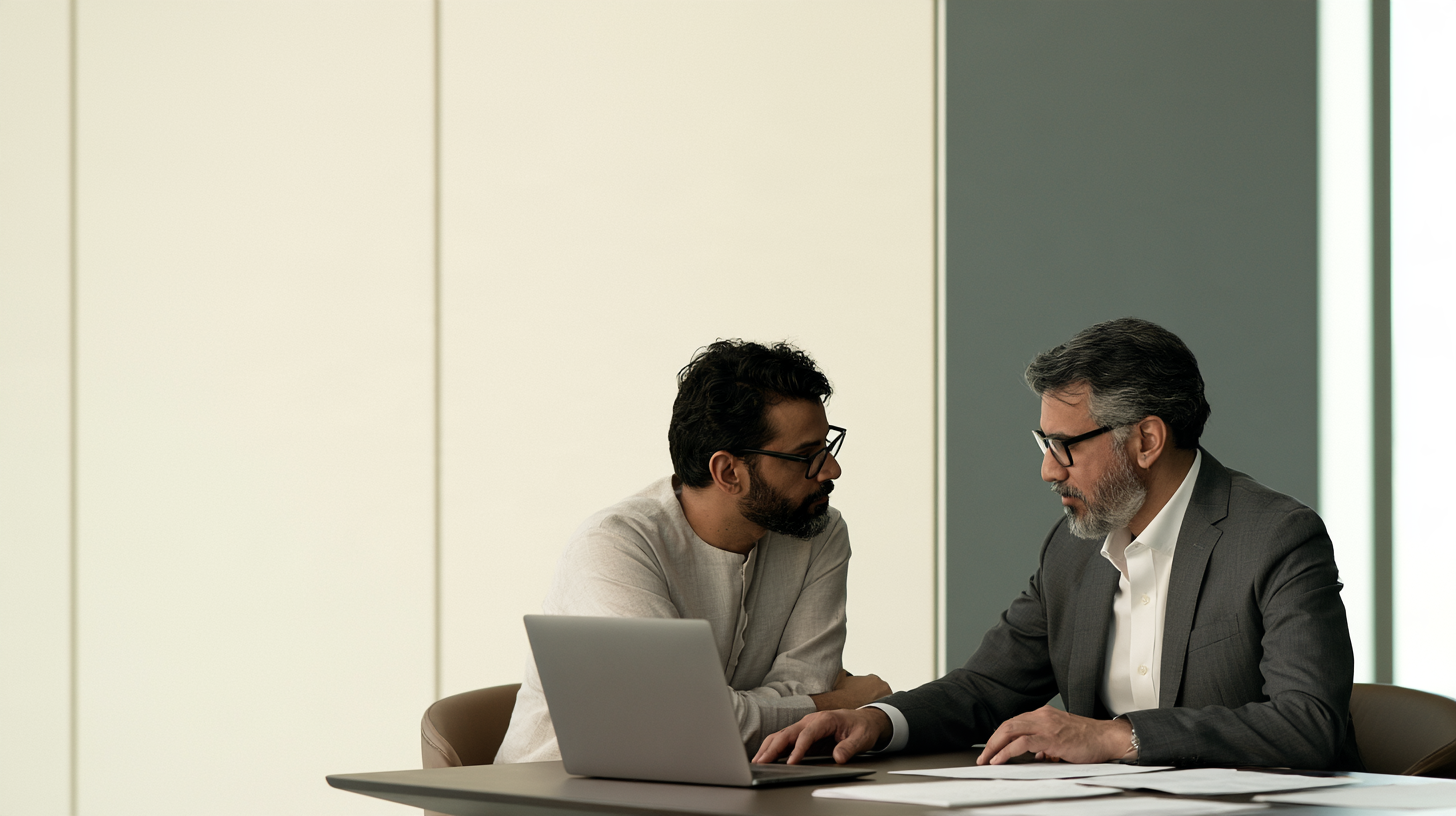Two men reviewing accounts on a laptop and printed statements