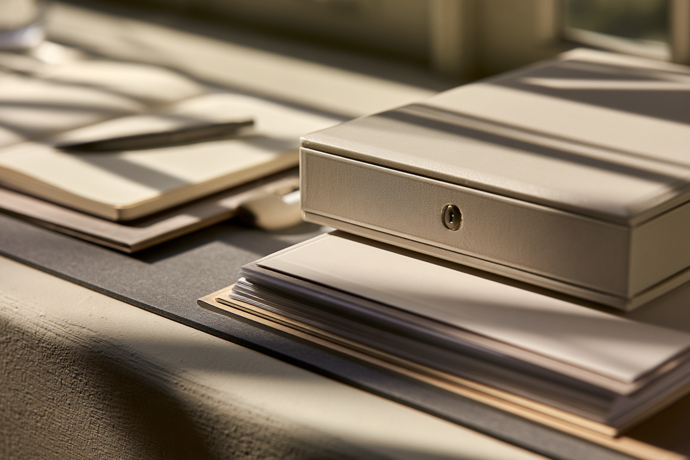 Leather document folders and a notebook on a desk in sunlight