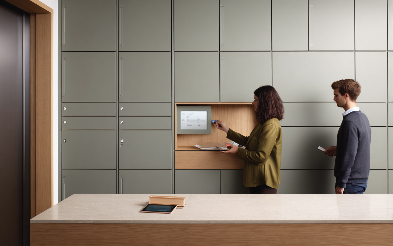 Two specialists at a records access console beside integrated archive cabinets