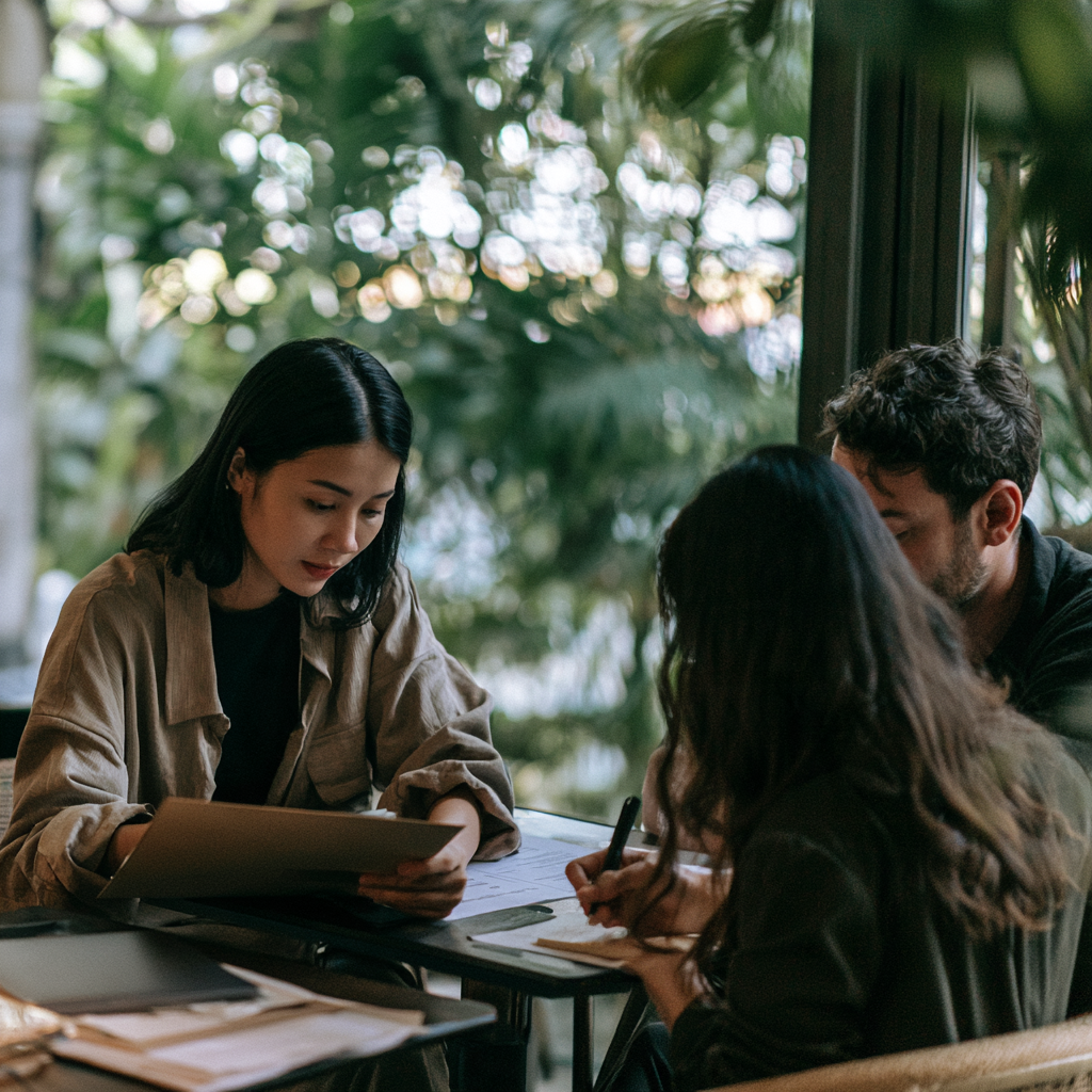 People reviewing a document folder at a table in a Vietnam workspace