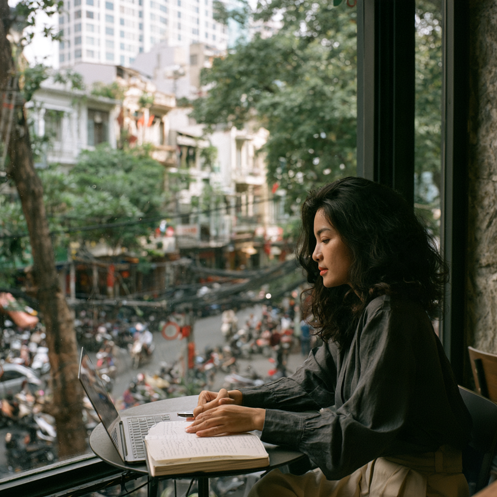 A founder working at a café window above a busy street in Vietnam