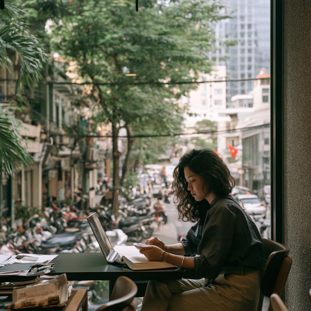 A founder working at a café window above a busy street in Vietnam