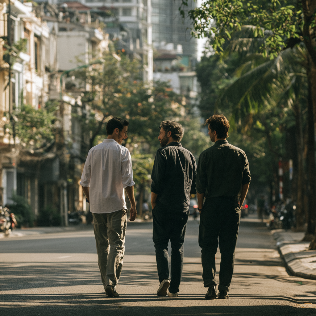 Founders talking on a tree-lined city street in Vietnam
