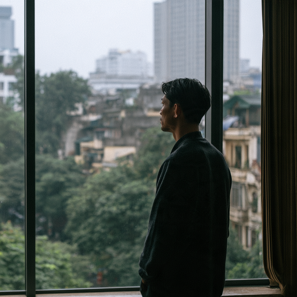 A professional at an office window