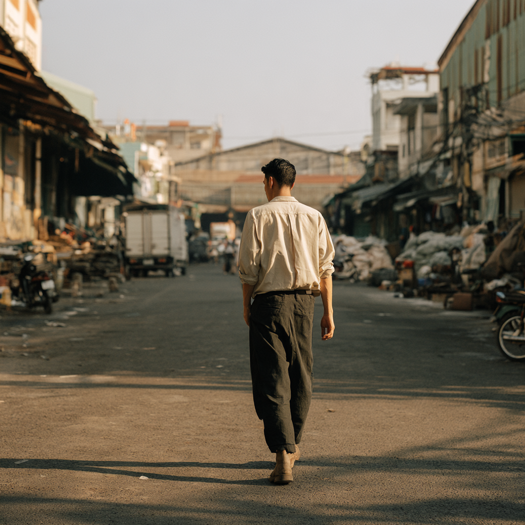 An operator walking through a light-industrial street in a Vietnamese city