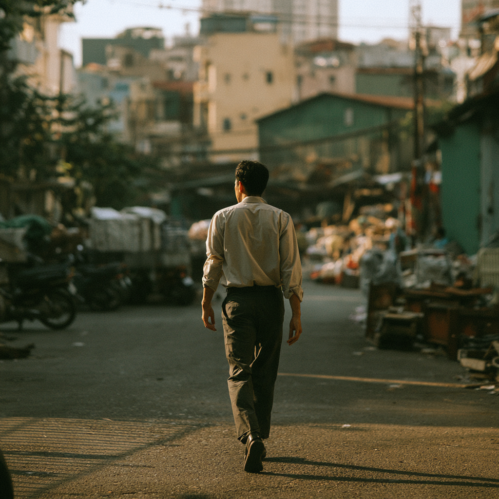 A business owner walking through an industrial street in Vietnam